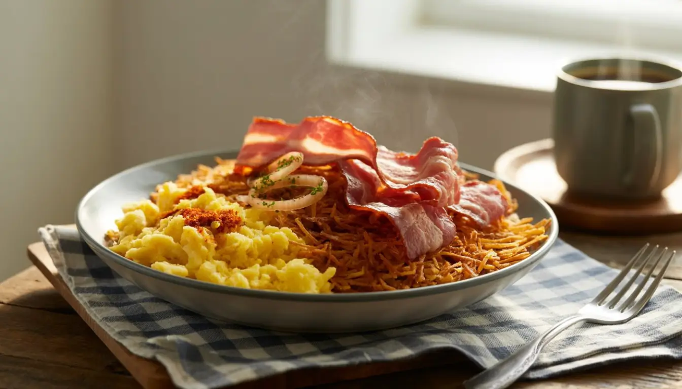 Crispy hashbrowns topped with scrambled eggs and crispy beef bacon strips.