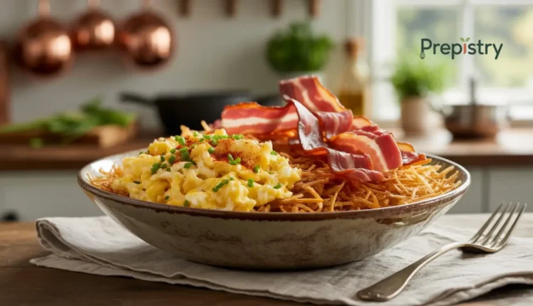 A breakfast bowl with crispy hashbrowns, eggs, and crispy beef bacon.