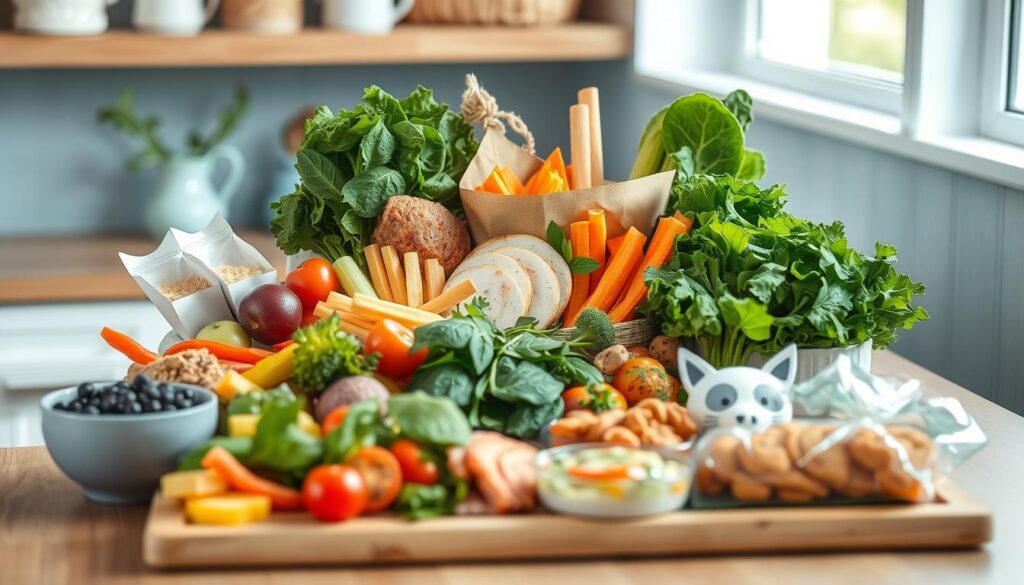 Beautifully arranged assortment of dietary-friendly lunch ideas in a cozy, minimal kitchen setting with light blue accents and wooden textures. A variety of fresh vegetables, leafy greens, lean proteins, and healthy snacks are displayed with artful composition, conveying a sense of balance and nourishment. Soft, natural lighting highlights the vibrant colors and textures, creating an inviting and appetizing atmosphere. The scene is captured from a slightly elevated angle, allowing the viewer to appreciate the curated display of tempting, wholesome lunch options.