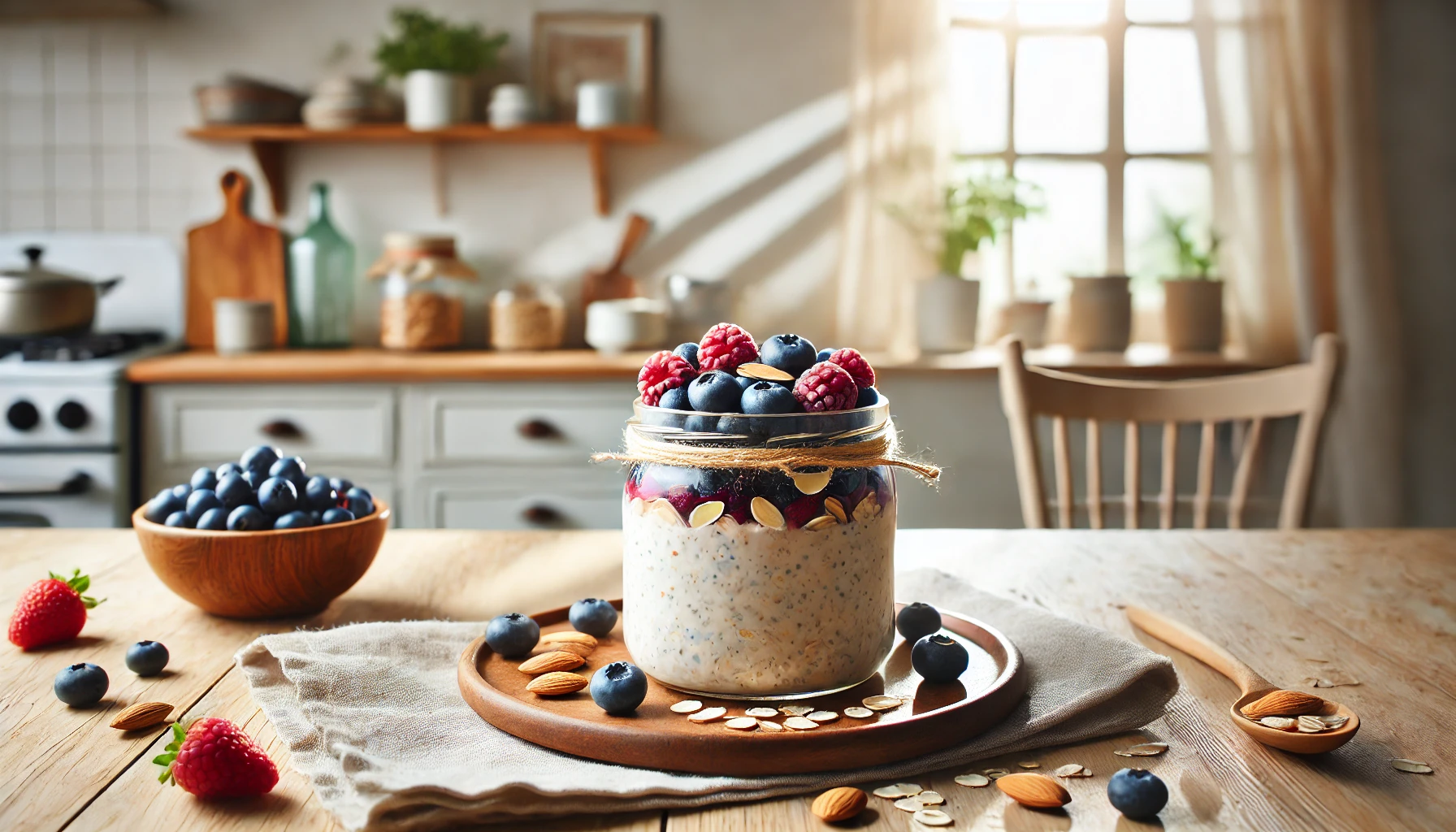 Berry-Almond Overnight Oats Overnight oats topped with fresh blueberries, raspberries, and almond slices in a jar.