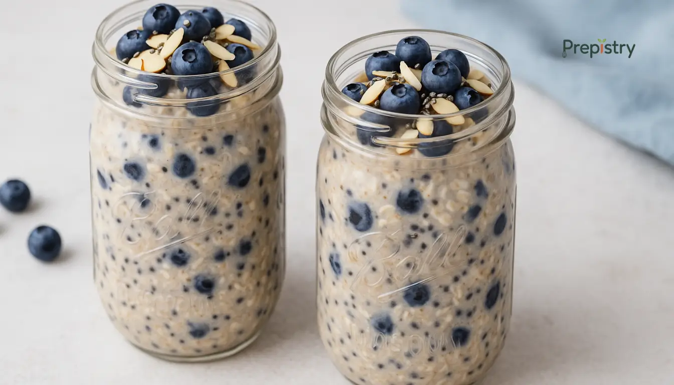 Blueberry Almond Crunch Overnight Oats Two mason jars filled with creamy blueberry almond overnight oats, topped with nuts and seeds
