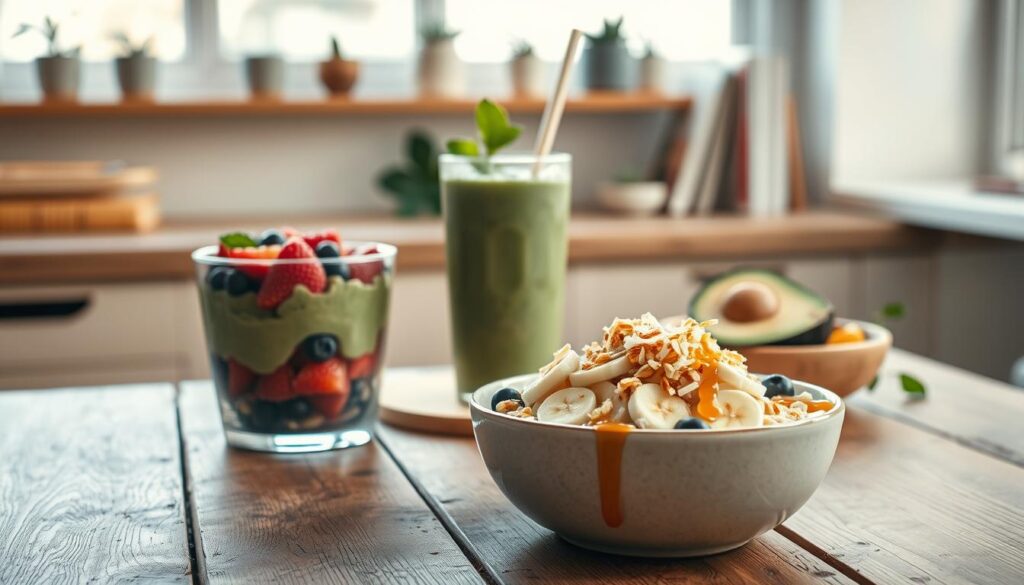 Breakfast bowls and smoothies arranged on a rustic wooden table, bathed in soft, natural light. A smoothie bowl overflows with fresh berries, granola, and a drizzle of honey. Beside it, a creamy avocado and spinach smoothie with a sprig of mint. In the foreground, a porridge bowl topped with sliced bananas, toasted coconut, and a drizzle of maple syrup. Minimalist kitchen shelves in the background, decorated with simple potted plants and a few cookbooks. The scene exudes a sense of nourishment and tranquility, perfectly captured in a 50mm lens.