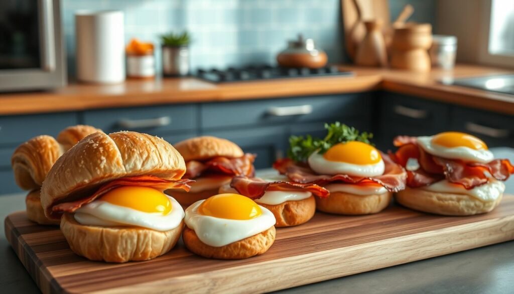 Breakfast sandwich variations with egg and bacon, artfully arranged on a wooden cutting board in a cozy, minimal kitchen. The foreground features a variety of buns, from flaky croissants to toasted English muffins, each topped with a perfectly cooked egg and crispy bacon slices. The middle ground includes an assortment of condiments, such as tangy hollandaise sauce and fresh herbs, adding pops of color and texture. In the background, a light blue backsplash and natural wood accents create a calming, inviting atmosphere, highlighting the delicious and nutritious nature of these breakfast meal prep options.