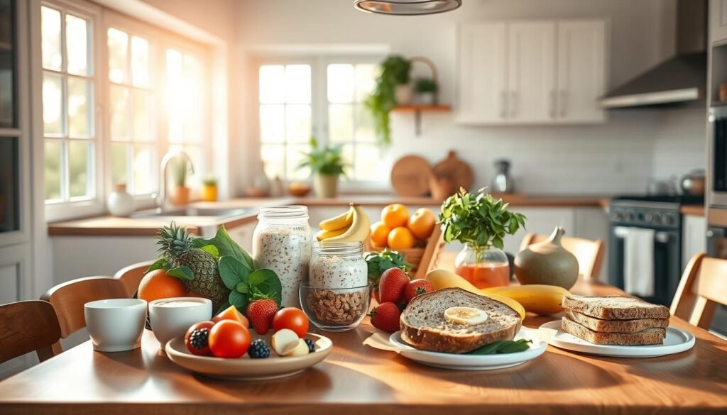 Bright and airy kitchen filled with an array of fresh, wholesome ingredients arranged artfully on a wooden table. A variety of breakfast items such as fresh fruit, overnight oats, Greek yogurt, and whole grain toast create a visually appealing and nutritious scene. Warm morning sunlight streams through large windows, casting a soft glow over the scene. The atmosphere is calm and inviting, reflecting the effortless simplicity of healthy morning routines. A sense of organization and intentionality pervades the space, encouraging the viewer to feel inspired and empowered to prepare nourishing meals even on the busiest of mornings.
