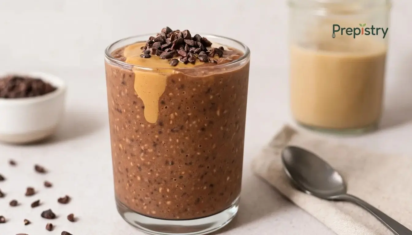Cacao Tahini Protein Overnight Oats Cacao tahini overnight oats in jars topped with banana slices, cacao nibs, and walnuts