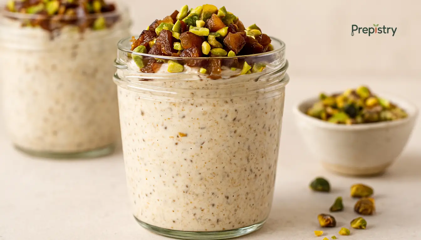 Cardamom-Date Overnight Oats Creamy overnight oats topped with chopped dates and toasted pistachios in a glass jar