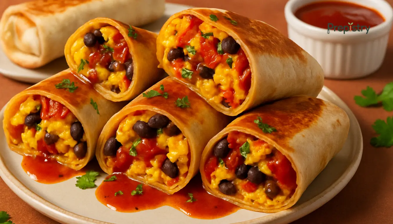 Cheesy Breakfast Enchilada Wraps Crispy breakfast wraps filled with eggs, black beans, cheese, and enchilada sauce