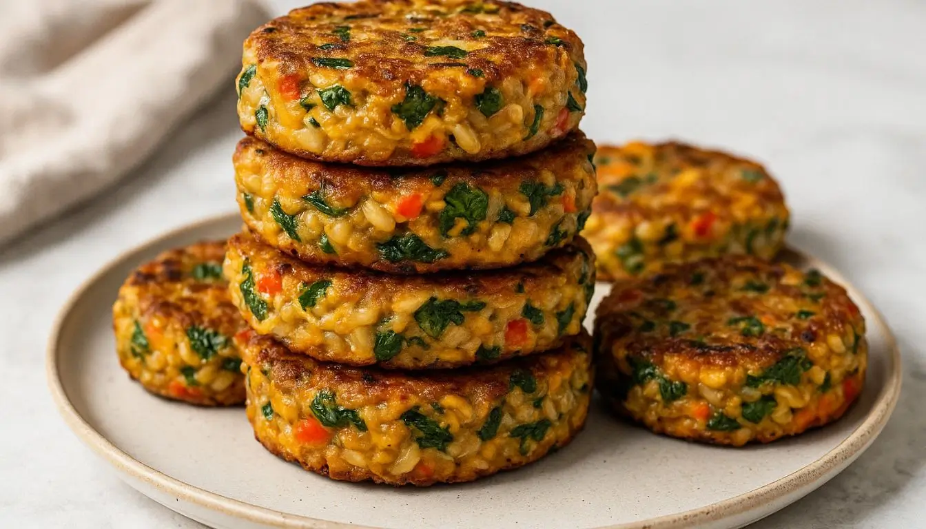 Cheesy Breakfast Farro Cakes with Veggies Stacked golden farro cakes packed with colorful veggies and melted cheese