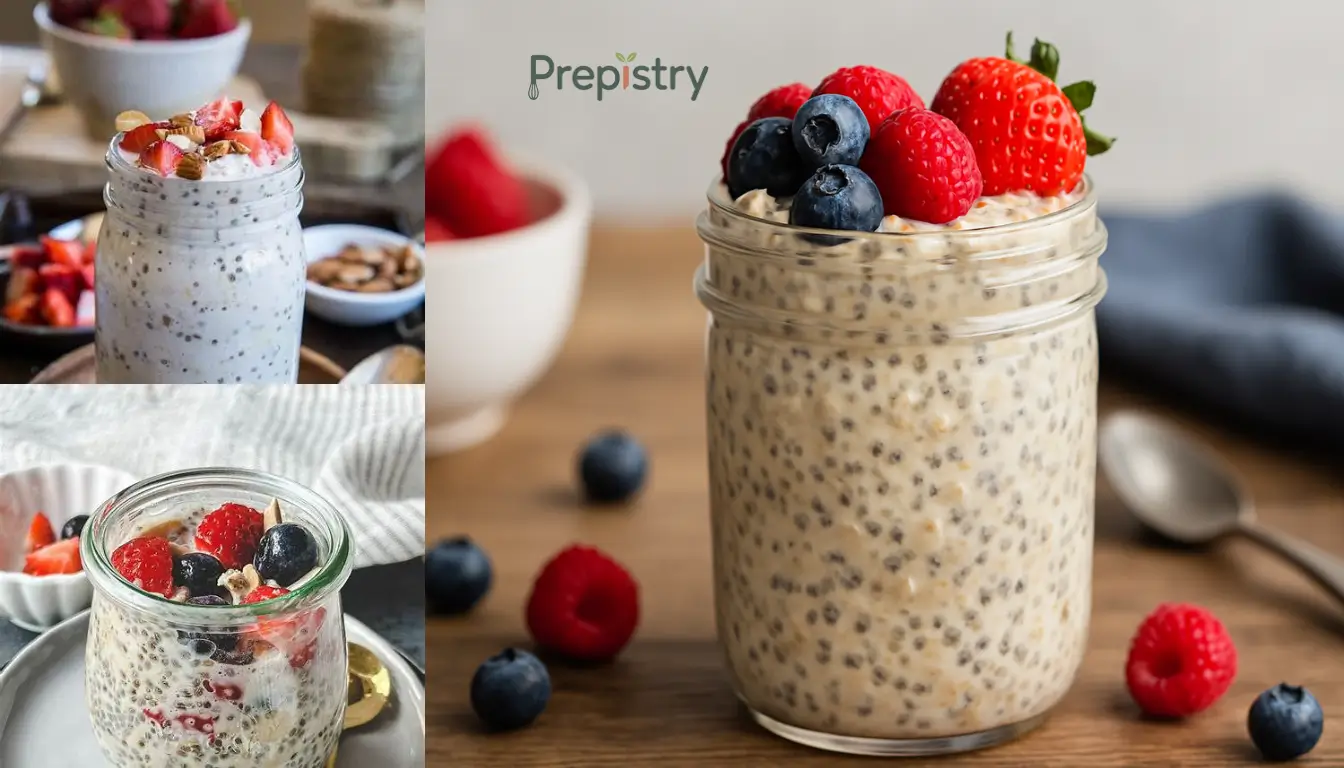 Chia-Infused Overnight Oats A collage of chia-infused overnight oats with fresh berries and almonds in mason jars.