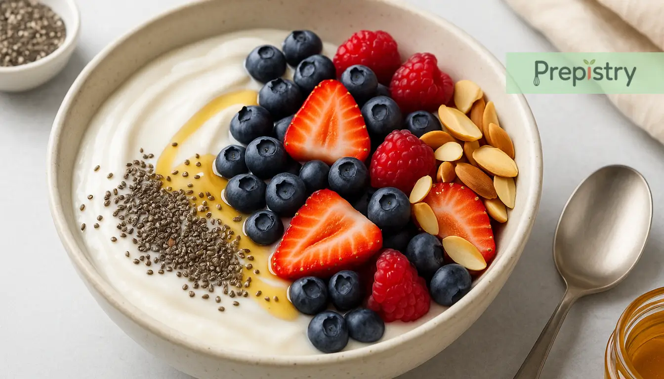 Chia Yogurt Power Bowl Chia yogurt power bowl with fresh berries, granola, and chia seeds on top.