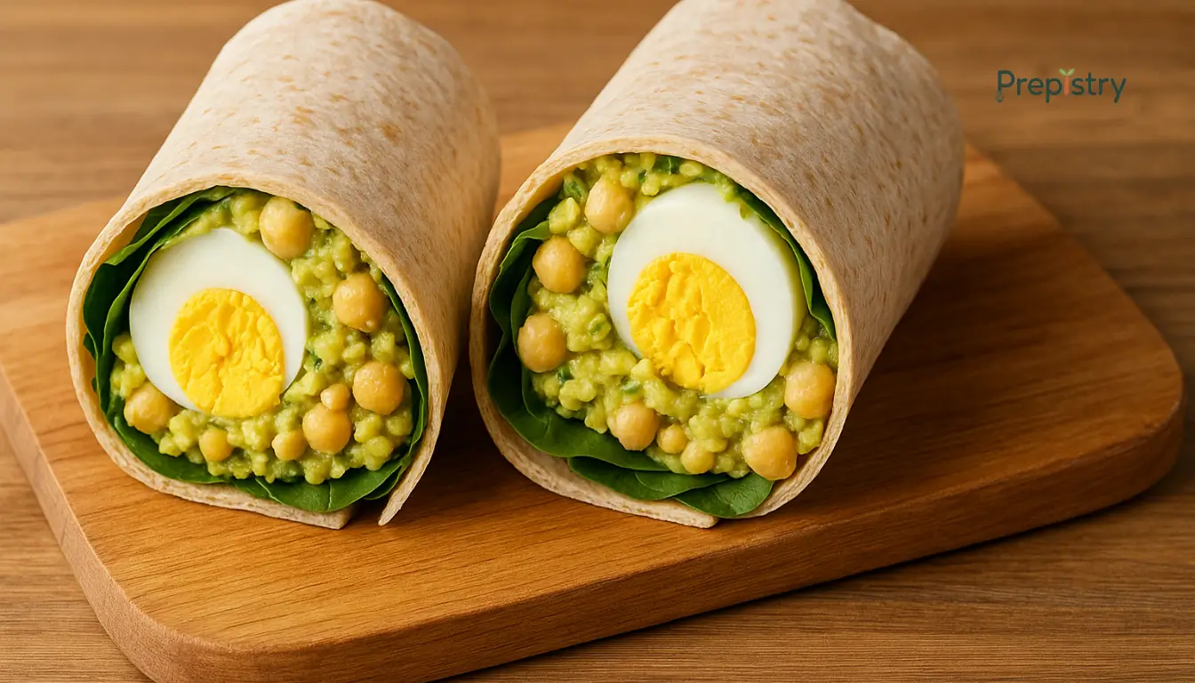 Chickpea, Avocado & Egg Wrap Chickpea, avocado, and egg wraps sliced in half on a wooden board with spinach leaves