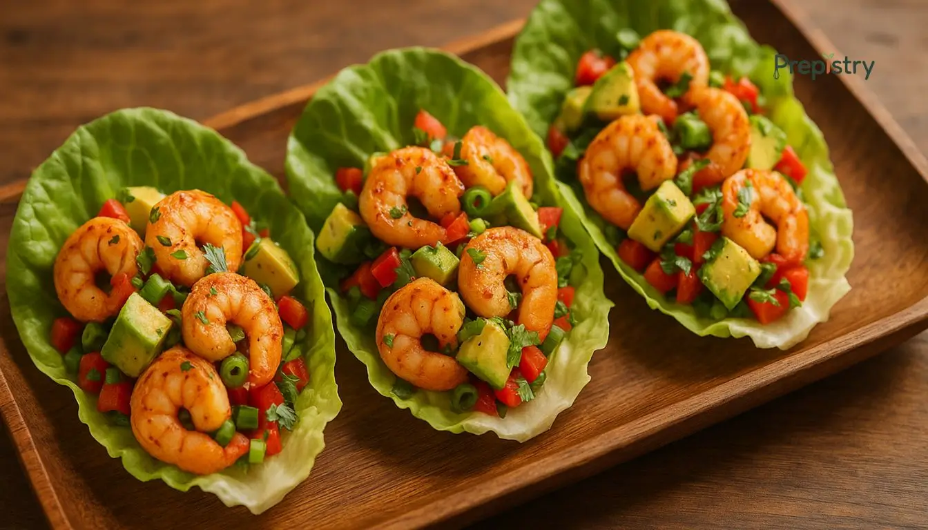 Chili Lime Shrimp and Avocado Lettuce Cups Fresh chili lime shrimp lettuce wraps with avocado and cilantro on a plate