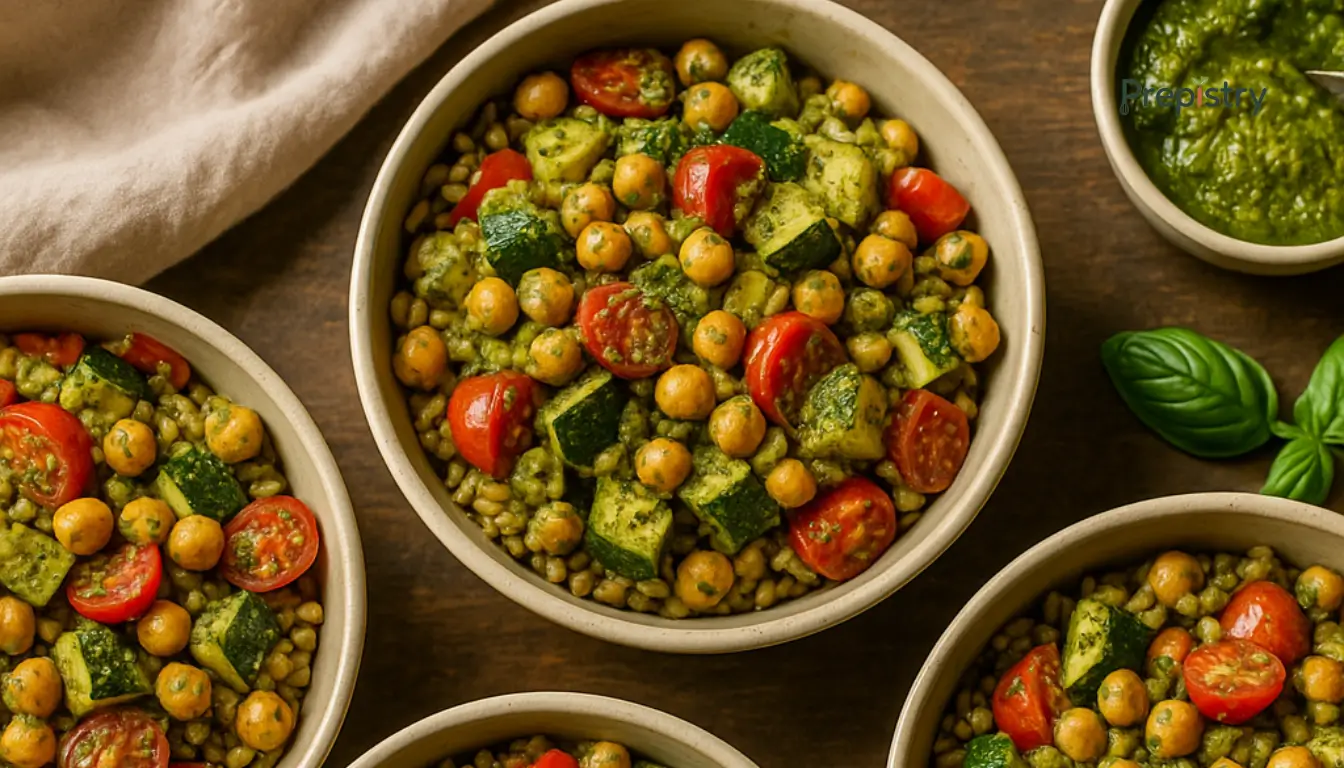 Chilled Roasted Veggie & Chickpea Pesto Bowls "Grain bowls with roasted vegetables, chickpeas, and pesto on a wooden table"