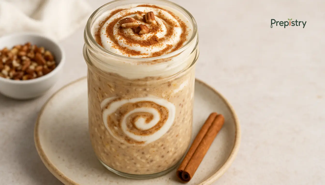 Cinnamon Roll Overnight Oats Jar of cinnamon overnight oats topped with yogurt swirl, cinnamon, and chopped pecans
