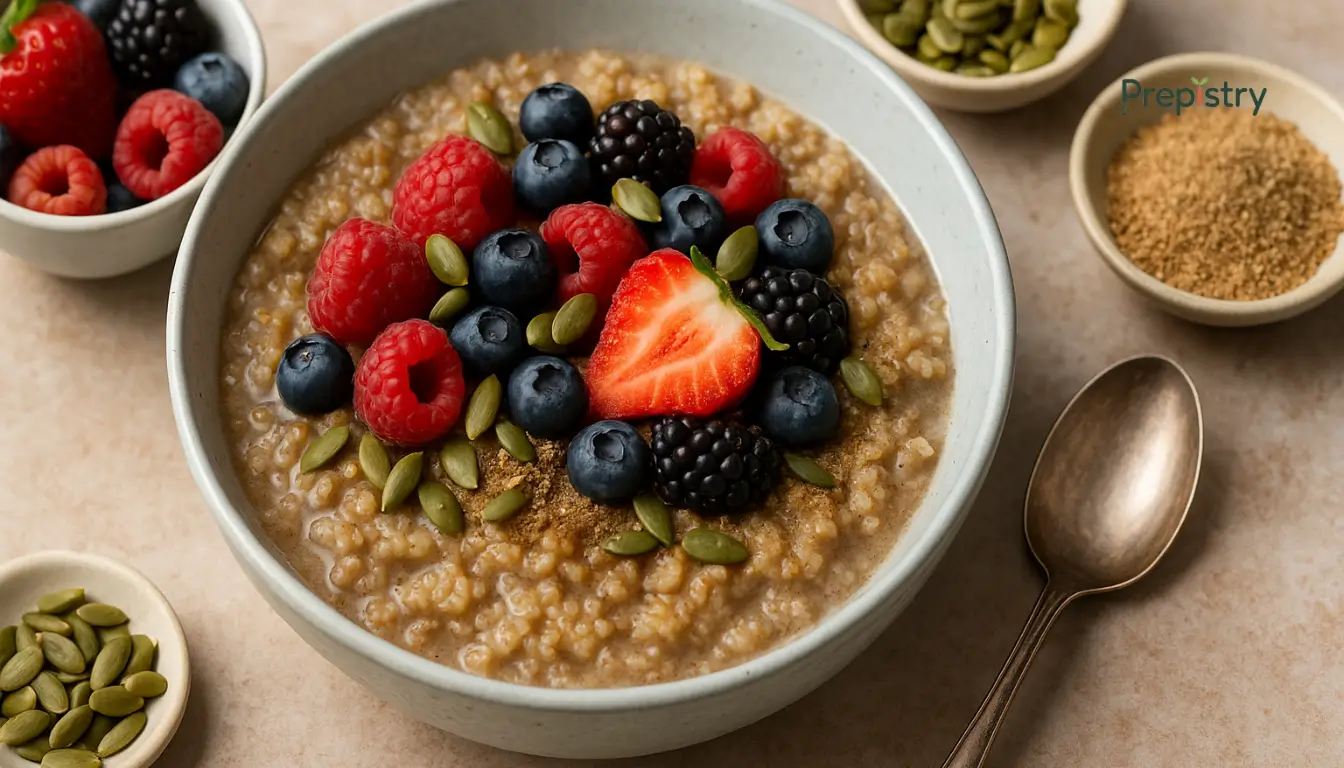Cinnamon-Spiced Quinoa Breakfast Bowls with Berries Bowl of cinnamon-spiced quinoa topped with berries, seeds, and banana slices