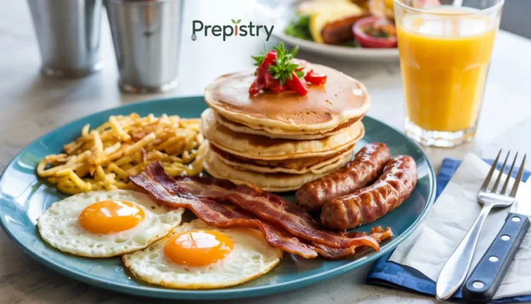 A diner-style breakfast with pancakes, fried eggs, bacon, sausage, and hash browns.