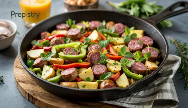 A classic skillet meal with sausage, peppers, potatoes, and fresh herbs.