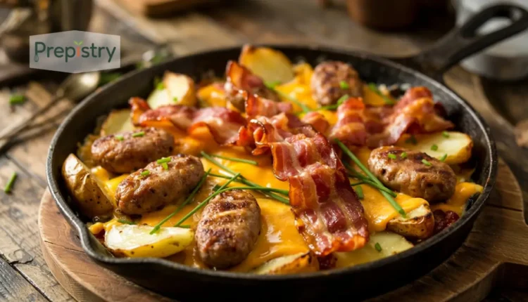 A hearty skillet breakfast with sausage, bacon, and melted cheese on potatoes.