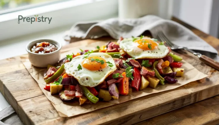 Skillet breakfast with eggs, roasted vegetables, and a side of salsa on parchment paper.