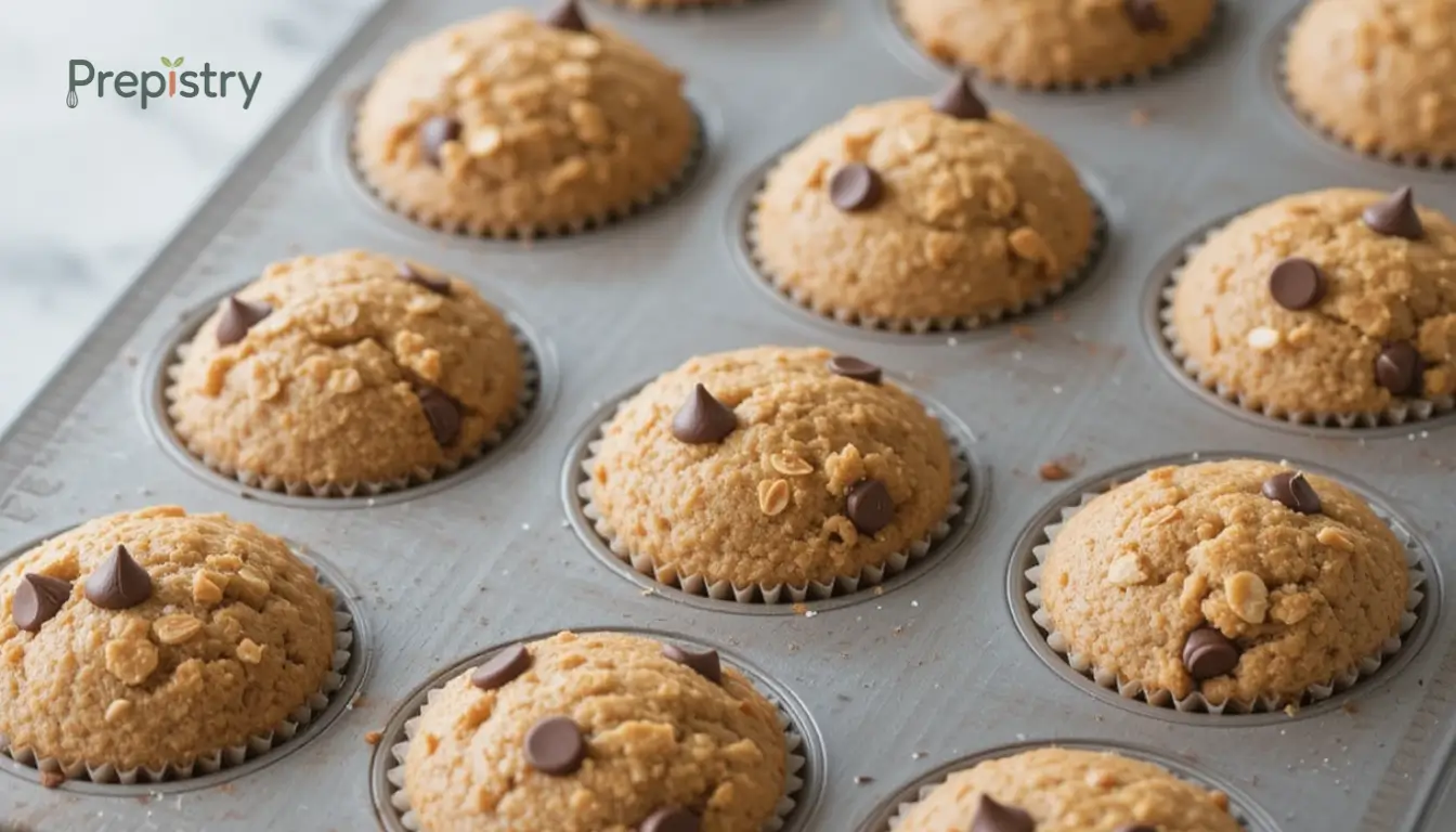 Clean Eating Protein Muffins A batch of golden-brown protein muffins with chocolate chips and oats in muffin cups.