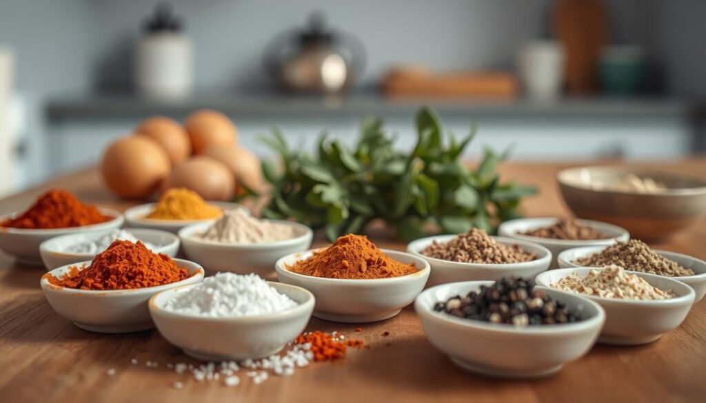 Close-up shot of a meticulously arranged collection of breakfast sandwich seasonings and spices on a wooden kitchen counter. In the foreground, an assortment of whole and ground spices, including paprika, garlic powder, onion powder, black pepper, and a sprinkle of sea salt, are neatly organized in small ceramic dishes. The middle ground features a few fresh herbs like thyme and rosemary, their leaves gently fanning out. The background has a soft, warm lighting that casts a subtle glow, highlighting the natural textures of the wooden surface and the muted blue accents of the kitchen space. The overall composition conveys a sense of balance, precision, and the thoughtful preparation of a delicious and nutritious breakfast.