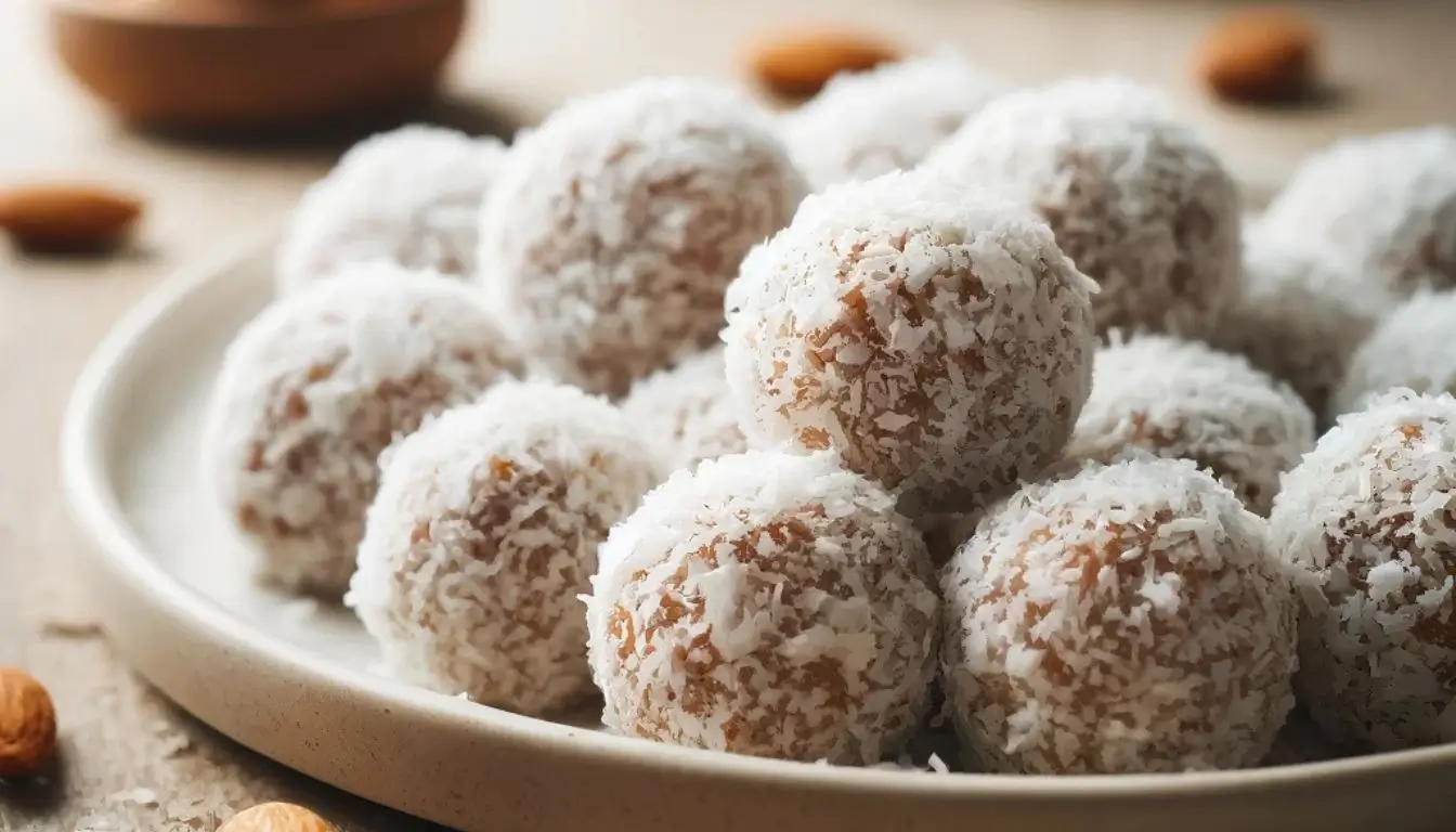 Coconut Almond Protein Bites Coconut almond protein bites coated in shredded coconut.