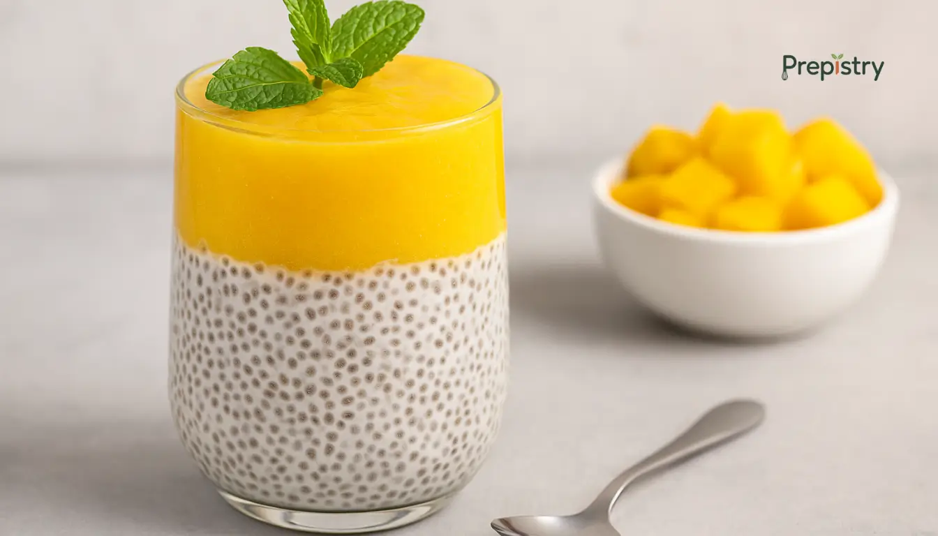 Coconut Mango Chia Pudding Parfait Glass of coconut chia pudding topped with mango puree and fresh mint on a gray surface.