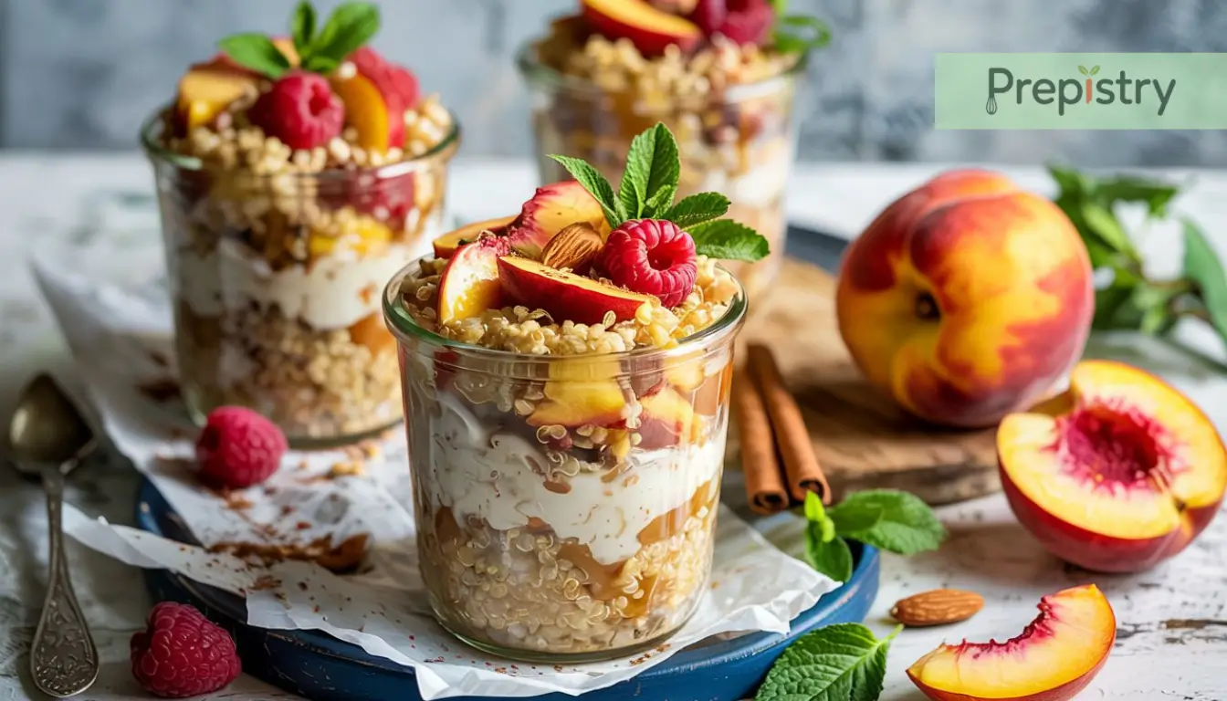 Coconut Milk Quinoa Breakfast Bowls Peaches Quinoa breakfast bowl with yogurt, peaches, raspberries, and almonds on a wooden table.