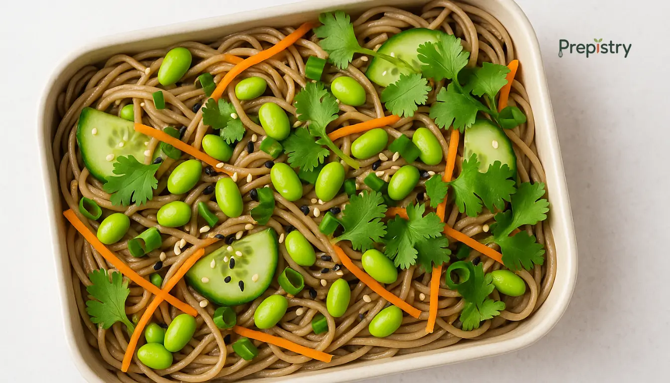 Cold Soba Noodle Salad Cold soba noodle salad with edamame, carrots, and citrus slices in a white bowl