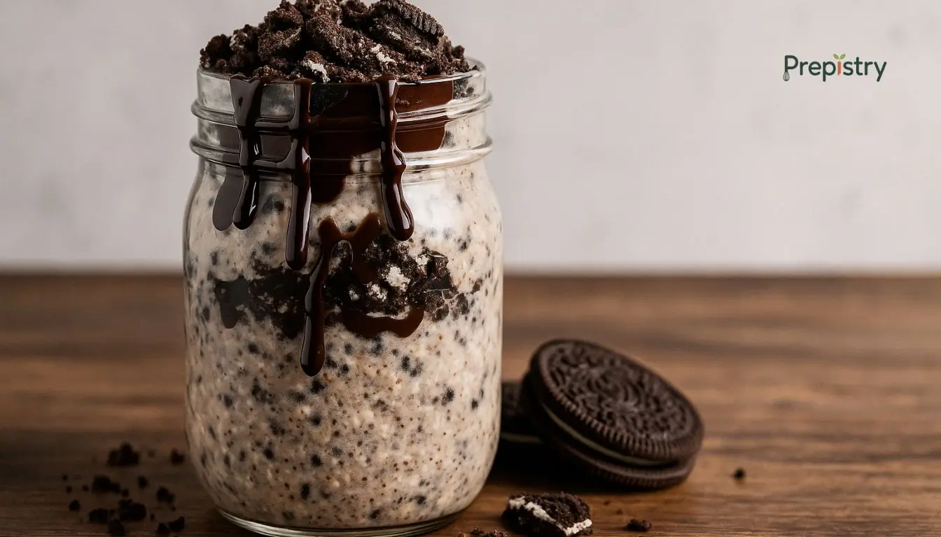 Cookies and Cream Protein Overnight Oats Jar of cookies and cream overnight oats topped with chocolate drizzle and cookie crumbles