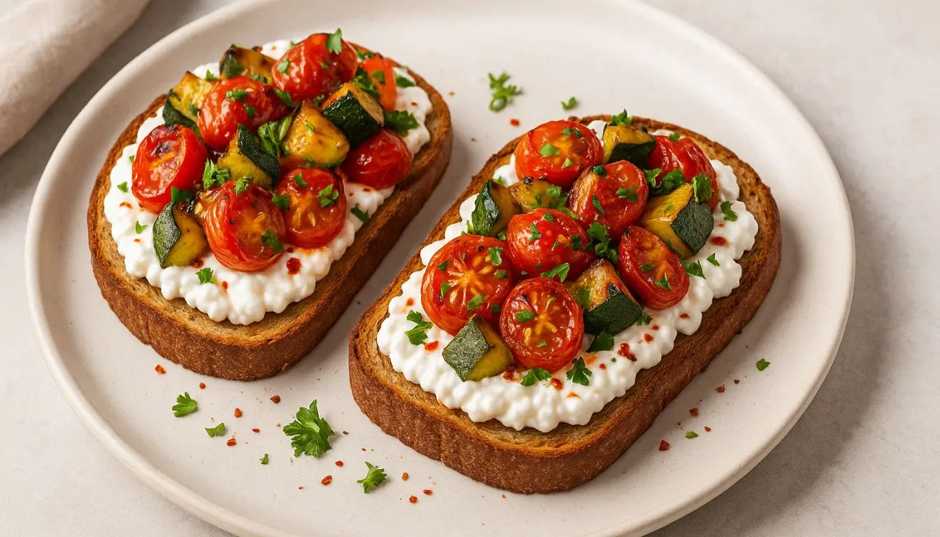 Savory toasts topped with cottage cheese, cherry tomatoes, and zucchini