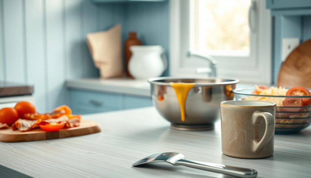 Countertop in a cozy, minimalist kitchen with light blue accents and wooden textures. On the surface, a fresh egg being cracked into a metal mixing bowl, yolk dripping. Nearby, an array of breakfast ingredients - crisp bacon, shredded cheese, and sliced tomatoes. A sturdy metal spatula and a ceramic mug with steaming coffee sit in the foreground, hinting at the preparation process. Soft, even lighting from a large window illuminates the scene, creating warm shadows and highlights. The overall mood is one of simple, wholesome breakfast making, a moment of calm and mindfulness to start the day.