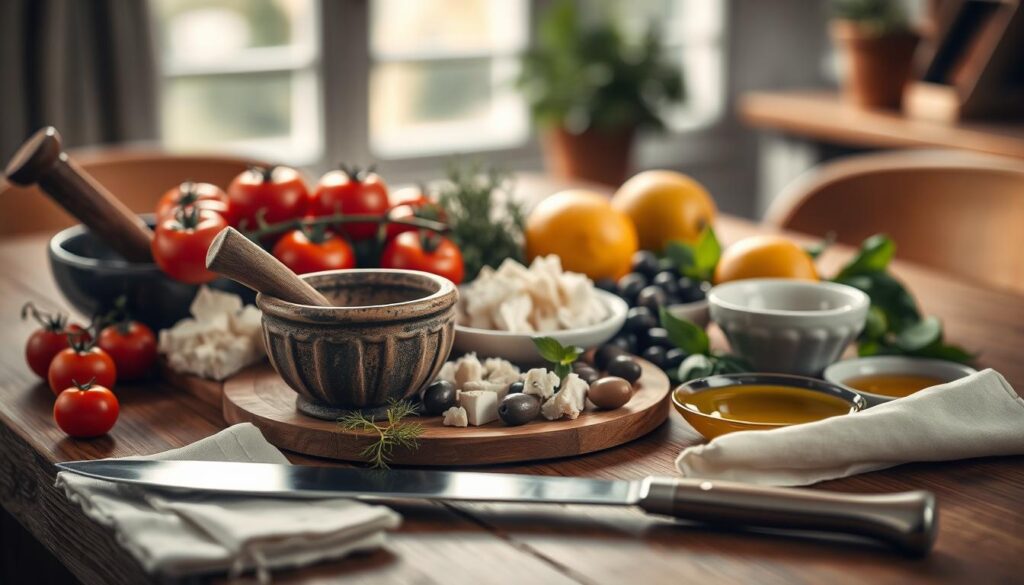 Cozy Mediterranean kitchen scene on a wooden table, featuring an assortment of fresh ingredients: ripe tomatoes, crumbled feta cheese, olives, fresh herbs like oregano and basil, a lemon, and a small bowl of olive oil. In the foreground, a rustic mortar and pestle, a sharp knife, and a simple place setting with a white napkin. Soft, natural lighting filters through a window, casting a warm glow over the scene. The overall mood is relaxed, inviting, and primed for a delicious Mediterranean-inspired breakfast.