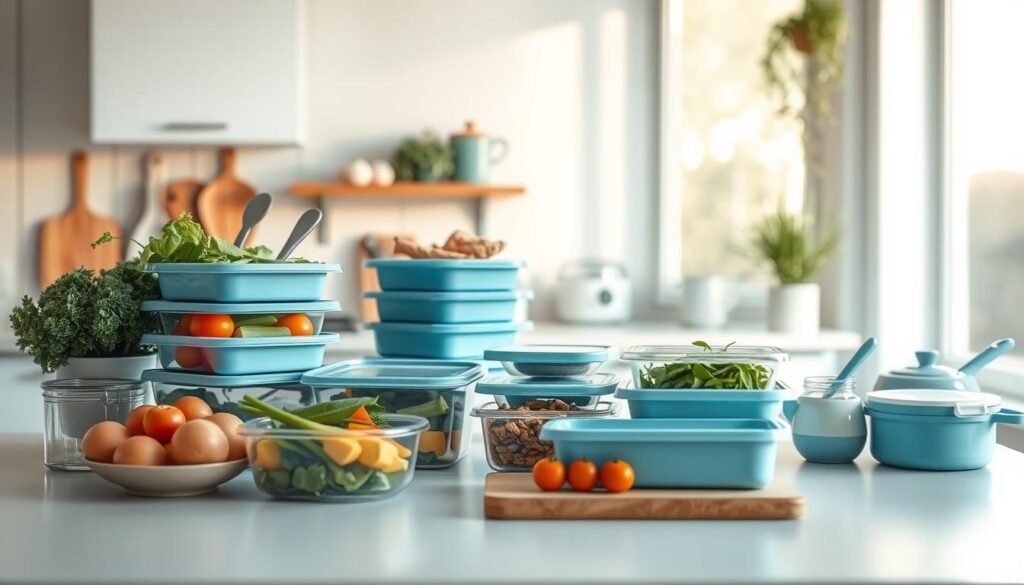Cozy Sunday morning in a minimal kitchen, light blue accents and wooden textures. Neatly arranged meal prep containers, fresh produce, and cooking utensils on a clean countertop. Soft, natural lighting from large windows casts a warm glow, creating a serene, organized atmosphere. A sense of purposeful productivity permeates the scene, setting the stage for a productive day of meal prepping and planning ahead. The room is void of hands, allowing the viewer to fully immerse themselves in the tranquil, well-curated routine.