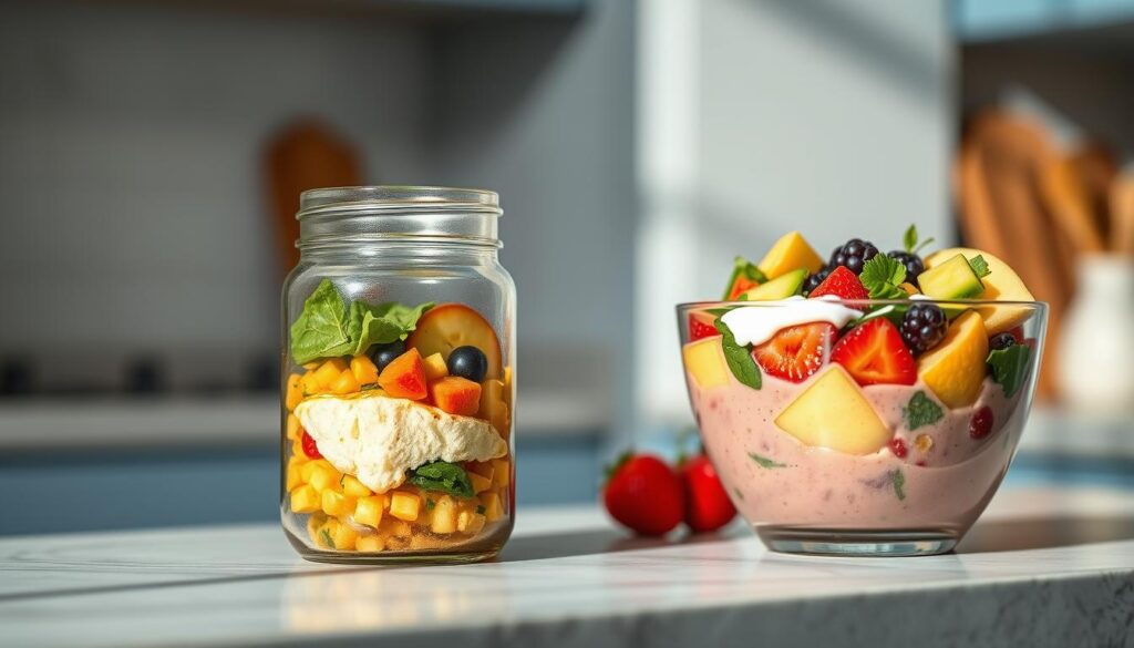 Cozy countertop scene with a rustic mason jar omelette and a vibrant smoothie bowl, set against a minimalist kitchen backdrop with light blue accents and warm wooden textures. The omelette jar is filled with fluffy eggs, diced vegetables, and melted cheese, while the smoothie bowl overflows with a colorful blend of fresh fruits, leafy greens, and creamy yogurt. Soft, natural lighting highlights the textures and colors, creating an inviting and appetizing display that captures the essence of a healthy, homemade breakfast.