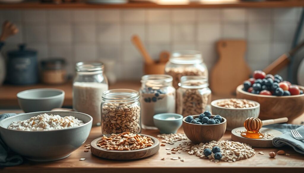 Cozy kitchen counter overflowing with a variety of oat-based breakfast options - oatmeal in a ceramic bowl, overnight oats in glass jars, granola in a wooden bowl, and a selection of fresh fruits, nuts, and honey. Warm, natural lighting bathes the scene, highlighting the earthy textures and soothing blue accents. A sense of simplicity and mindfulness permeates the arrangement, inviting the viewer to savor the nourishing potential of a well-prepared oat-centric breakfast.