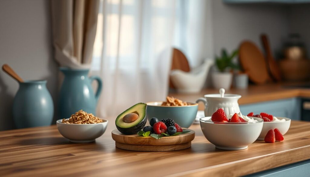 Cozy kitchen counter, warm wood tones and soft blue accents. Artfully arranged fresh ingredients - ripe avocado, crunchy granola, juicy berries, creamy yogurt. Elegant ceramic dishes, a thermos of steaming coffee. Dim natural light filters through sheer curtains, casting a gentle glow. Serene, minimalist atmosphere invites you to savor the simple pleasures of a well-prepared, make-ahead breakfast. A visual feast for the senses, highlighting the essential role of pre-prepped morning meals.