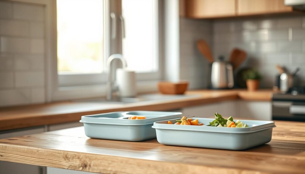 Cozy kitchen counter with a set of customizable bento compartments in pastel blues and whites. The compartments are arranged neatly, each with a different size and shape to hold a variety of healthy meal items. Soft natural lighting filters through the window, casting a warm glow on the textured wood surfaces. The scene evokes a sense of organization and mindful meal preparation, ideal for a no-heat lunchbox bento.