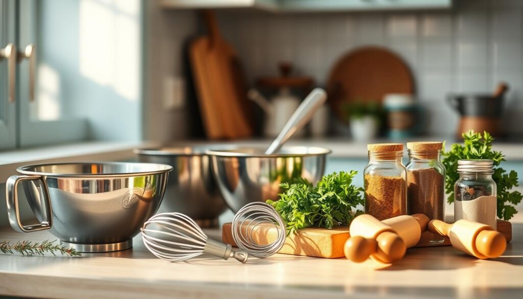 Cozy kitchen countertop filled with an array of essential holiday meal prep tools and ingredients. Gleaming stainless steel mixing bowls, whisk, and spatula arranged alongside a wooden cutting board, fresh herbs, a jar of spices, and a rolling pin. Warm lighting casts a soft glow over the scene, highlighting the natural textures of the wood and the vibrant colors of the ingredients. In the background, a hint of light blue cabinetry and a clean, minimalist aesthetic create a calming, inviting atmosphere perfect for holiday cooking and baking.