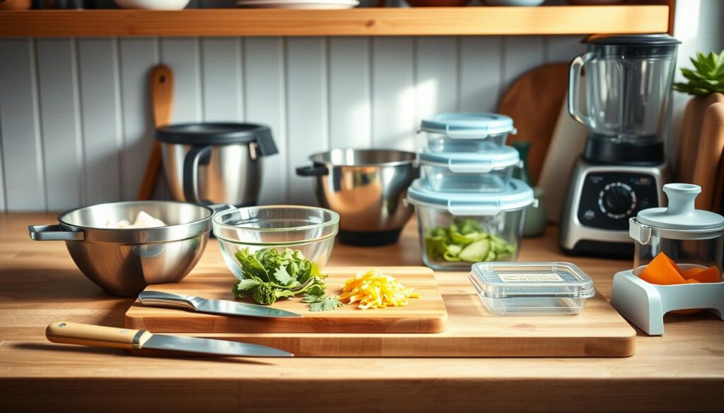 Cozy kitchen countertop with wooden textures and light blue accents. Arranged neatly are essential meal prep tools: a sharp chef's knife, sturdy cutting board, stainless steel mixing bowls in varying sizes, a high-powered blender, a set of reusable glass containers, a mandoline slicer, and a citrus juicer. Soft natural lighting illuminates the scene, creating a warm, inviting atmosphere for crafting nutritious, vibrant meals.
