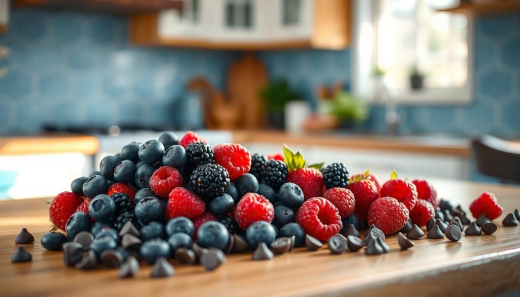 Cozy kitchen interior with natural light streaming in, wooden countertops and blue accents. On the counter, an array of berries - plump blueberries, juicy raspberries, and luscious blackberries - nestled alongside rich dark chocolate chips. The ingredients are arranged artfully, hinting at the delicious flavor combinations to come. A light, airy mood pervades the scene, inviting the viewer to imagine the delightful taste of these berry and chocolate infused overnight oats.