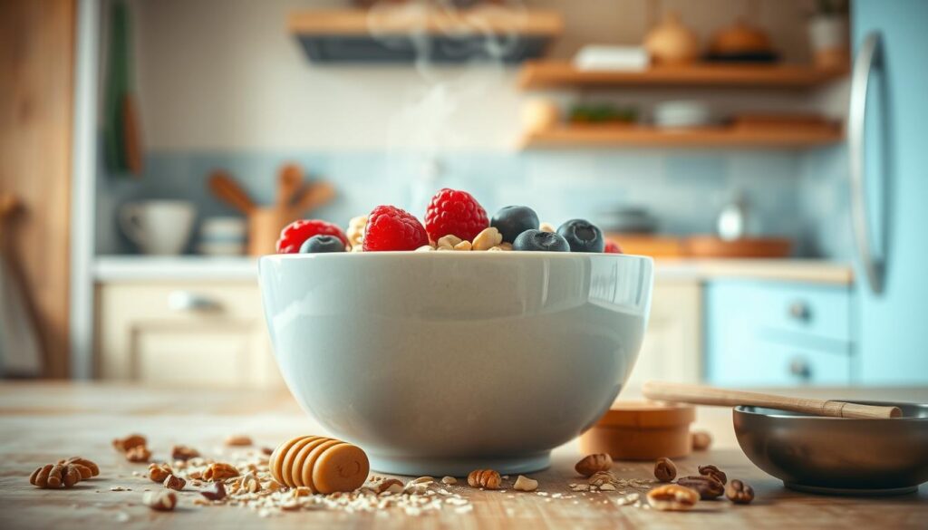 Cozy kitchen interior with wooden textures and light blue accents. In the center, a bowl of steaming oatmeal, its creamy texture and golden hue illuminated by warm, natural lighting. Surrounding the bowl, a selection of healthy toppings - fresh berries, a drizzle of honey, a sprinkle of cinnamon, and a handful of toasted nuts. The image conveys the nourishing and comforting qualities of this breakfast staple, highlighting the many beneficial nutrients of oatmeal, such as fiber, protein, and complex carbohydrates. The overall atmosphere is one of simplicity, wellness, and the joy of preparing a wholesome morning meal.