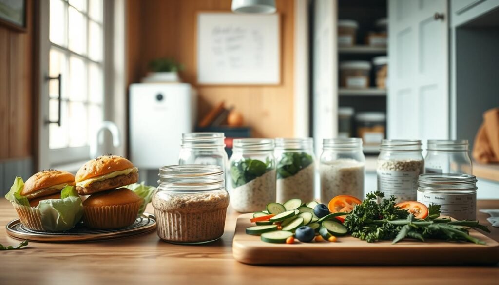 Cozy kitchen interior with wooden textures and light blue accents. In the foreground, an arrangement of freezer-friendly breakfast items - egg muffins, breakfast sandwiches, and overnight oats in glass jars. Mid-ground shows a cutting board with sliced vegetables and herbs, ready for batch prepping. The background features a tidy pantry with labeled containers, conveying a sense of organized efficiency. Warm, natural lighting from a window casts a soft glow across the scene. A calming, minimalist atmosphere invites the viewer to envision a stress-free morning routine.
