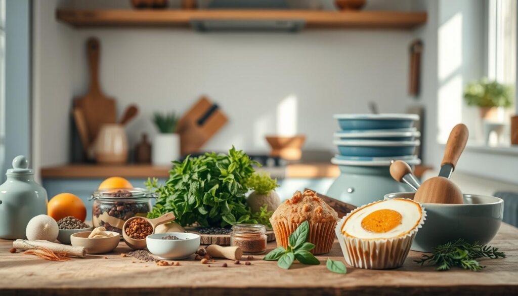 Cozy kitchen scene with wooden textures and light blue accents. In the foreground, various ingredients and cooking tools are artfully arranged, hinting at creative recipe variations - fresh herbs, spices, fruits, and alternative protein sources. In the middle ground, a stack of muffin tins sits on the counter, suggesting the versatility of the breakfast muffin recipe. The background features a minimalist aesthetic, with clean white walls and natural light streaming in, setting a serene, inviting atmosphere. The overall composition suggests the endless possibilities for personalizing and adapting the base recipe to one's own tastes and dietary needs.