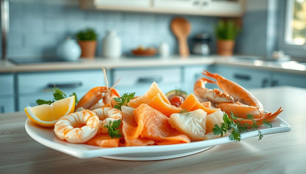 Cozy kitchen with light blue accents and wooden textures. On the counter, a clean white plate displaying an assortment of fresh seafood - plump shrimp, delicate slices of smoked salmon, and tender chunks of crab meat. Accompanied by crisp vegetables, tangy lemon wedges, and a sprinkle of herbs. The scene is bathed in soft, natural lighting, creating a calming, appetizing atmosphere perfect for a nutritious, no-heat lunch.