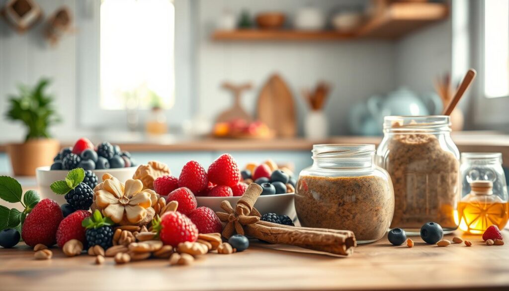 Cozy kitchen with wooden textures and light blue accents. Various breakfast ingredients and flavors hover in the foreground - fresh berries, nuts, cinnamon sticks, vanilla bean, honey, and natural sweeteners. Soft, warm lighting illuminates the scene, casting gentle shadows. In the middle ground, an array of breakfast bowls and jars suggest endless flavor possibilities. The background features a clean, minimalist aesthetic, allowing the vibrant colors and textures of the customizable breakfast elements to take center stage.