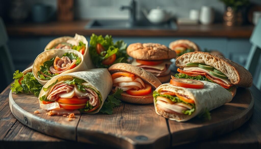 Cozy kitchen, wooden textures and light blue accents. On a rustic wooden table, an artful arrangement of creative wraps and sandwiches. Crisp tortilla wraps filled with fresh vegetables, sliced deli meats, and melted cheeses. Hearty breads layered with vibrant ingredients, expertly crafted into visually appealing compositions. The lighting is soft and natural, highlighting the textures and colors of the food. A sense of simplicity and elegance permeates the scene, inviting the viewer to imagine the delicious flavors and satisfying bites. No distractions, just the focus on the delightful, nourishing lunchbox treats.