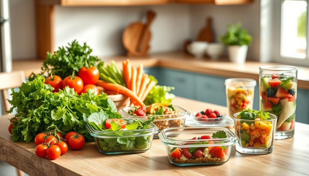 Cozy minimal kitchen with light blue accents, warm wooden textures, and no hands. On a wooden table, a selection of seasonal fresh produce - crisp greens, juicy tomatoes, crunchy carrots, and vibrant berries. Complementing the produce, a variety of practical no-heat lunch recipes showcased in simple glass containers - a fresh salad, a hearty grain bowl, a colorful veggie wrap, and a refreshing fruit parfait. Soft natural light filters through the window, creating a calm, inviting atmosphere. The scene conveys the theme of "Practical No-Heat Lunch Recipes from Chef Callie Renner" - healthy, delicious, and easy-to-prepare meals using the best of seasonal produce.