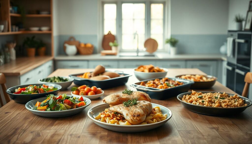 Cozy minimal kitchen with wooden textures and light blue accents. A variety of neatly arranged one-pan dishes on a large wooden table, including roasted vegetables, baked chicken, and a hearty pasta bake. Soft, natural lighting illuminates the scene, creating a warm and inviting atmosphere. The dishes appear vibrant and appetizing, showcasing the delicious and creative one-pan meal possibilities. No hands visible, allowing the food to be the primary focus.