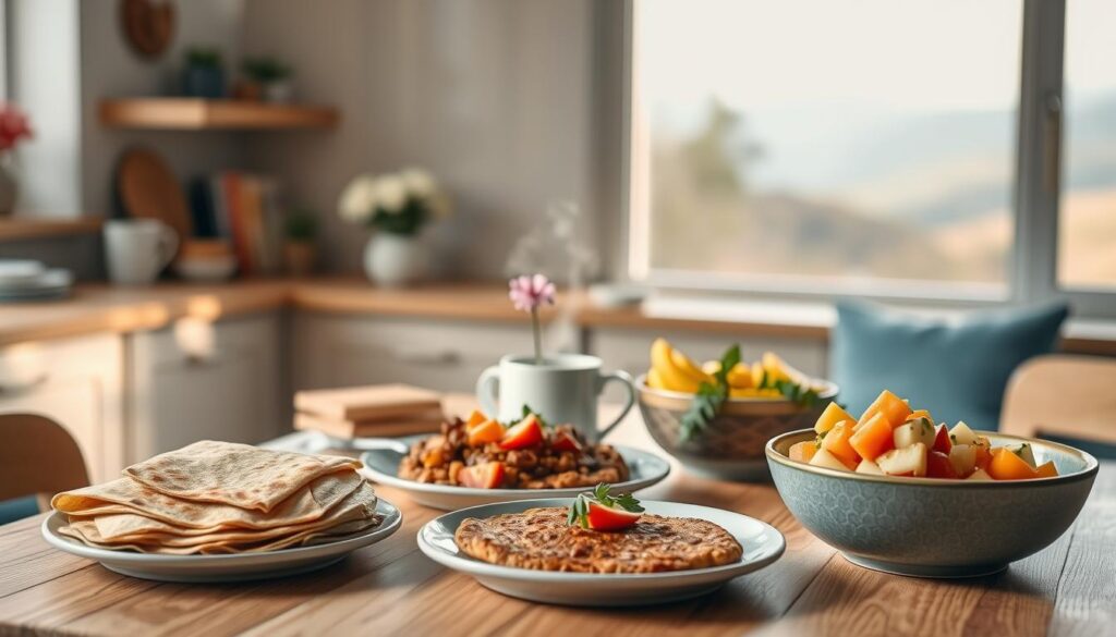 Cozy, minimal kitchen with wooden textures and light blue accents. In the foreground, an assortment of gluten-free breakfast items from around the world: a stack of savory buckwheat crepes, a plate of spiced lentil fritters, and a bowl of vibrant tropical fruit salad. In the middle ground, a steaming mug of herbal tea and a small vase of fresh flowers. The background features a large window overlooking a peaceful, natural landscape, bathed in soft, natural lighting. The overall atmosphere is one of warmth, comfort, and a global culinary exploration.